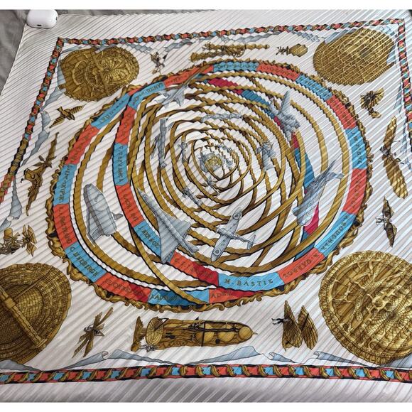 HERMÈS Accessories - Hermes Plisse Silk Scarf "Cosmogonie Astrale" Aviation & Space Theme 100% Silk